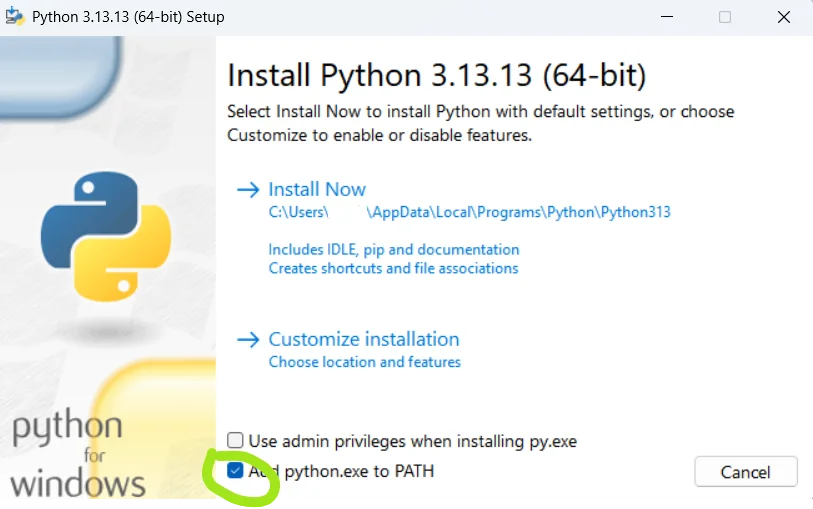 Add Python to PATH must be enabled in the installer
