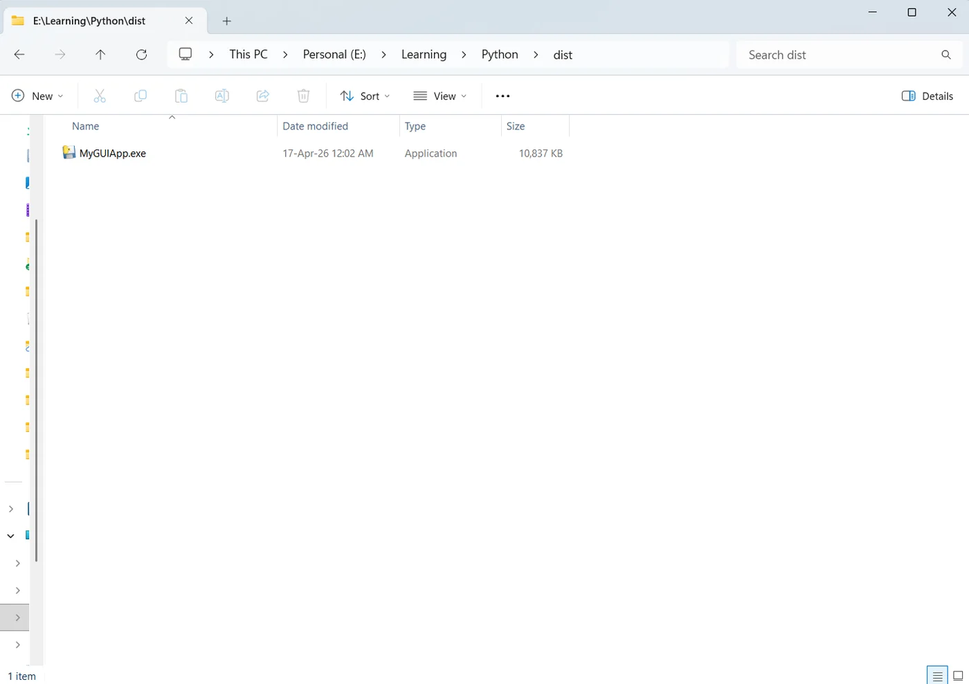 The built .exe appears inside the dist folder