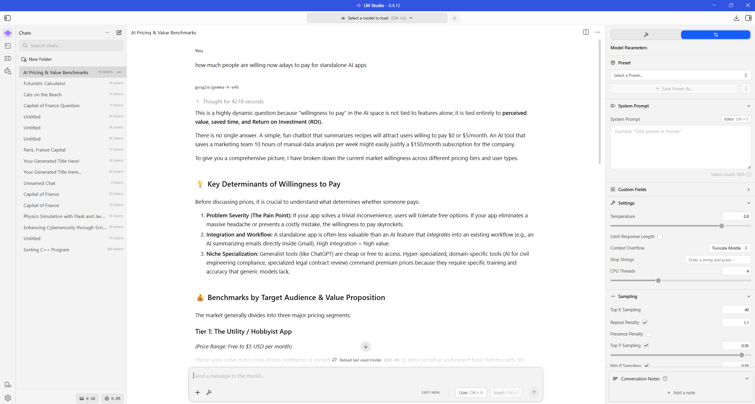 LM Studio prompt and answer example running locally